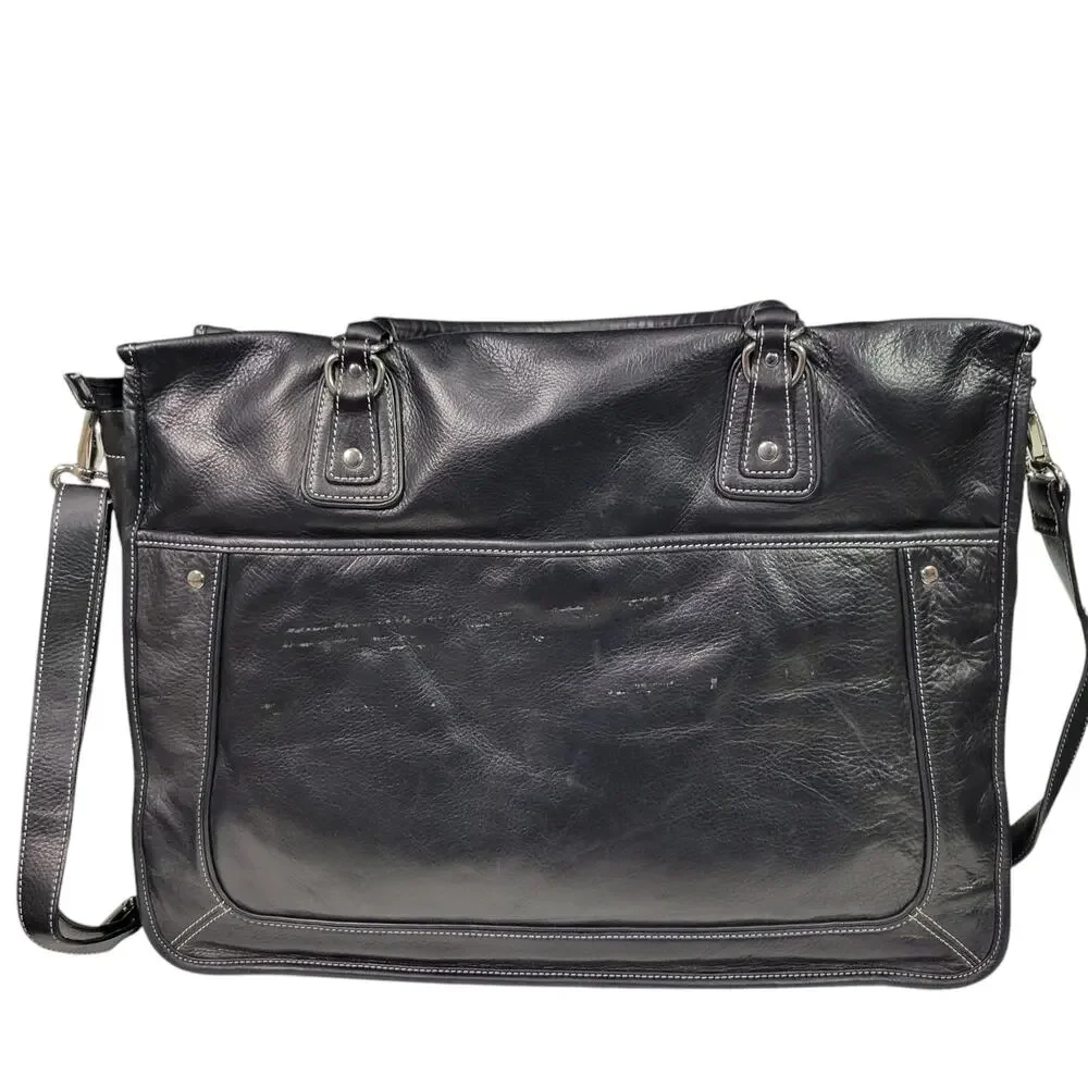 Levenger Leather Laptop Bag Black Padded Sleeve Shoulder Strap Handle Briefcase